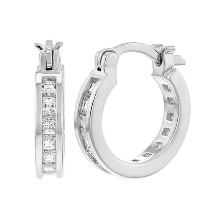 Rhodium Plated Clear CZ Channel Small Hoop Girls Earrings 9mm