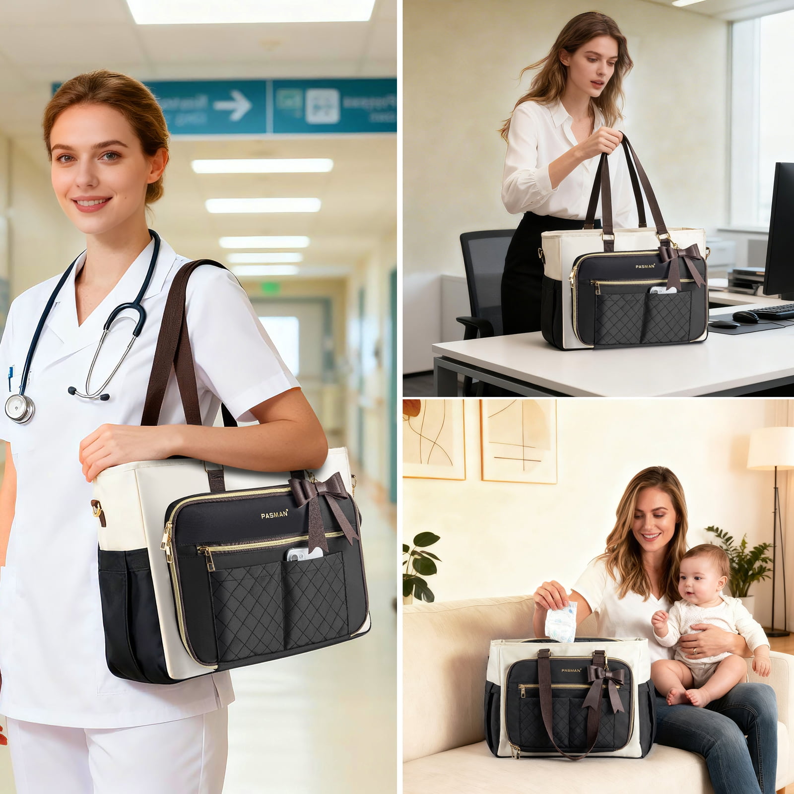 Teacher Tote Bag for Women - Multi-Pocket Laptop & Nurse Work Bag with Cup Holder, Structured Business Briefcase Computer Purse（Brown）