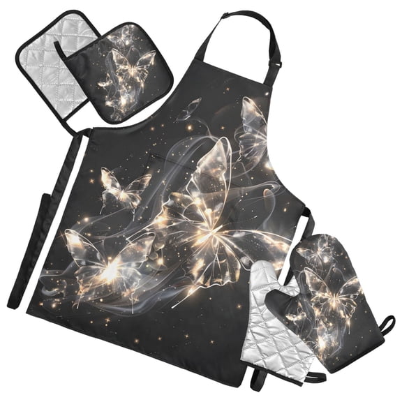 Glowing Flying Butterflies 5 Pcs Kitchen Set Heat Resistant Oven Mitts and Non-Slip Pot Holders with Adjustable Cooking Apron