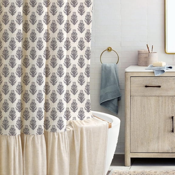 3 Flower Linen Textured Ruffle Shower Curtain 72x72 Inches Bathroom Decor