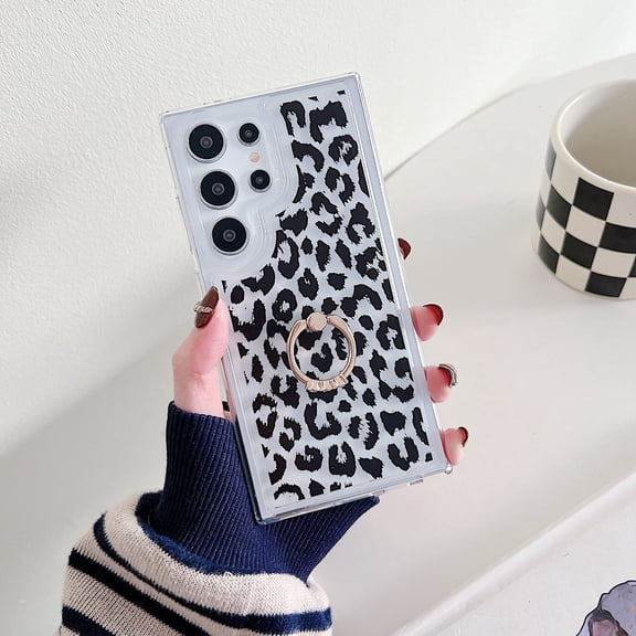 Allytech Clear Case for Samsung Galaxy S24 Plus, Stylish Pattern Diamond Ring Holder Kickstand Soft TPU Shockproof Slim Lightweight Case for Samsung Galaxy S24 Plus - Black/White Leopard Print