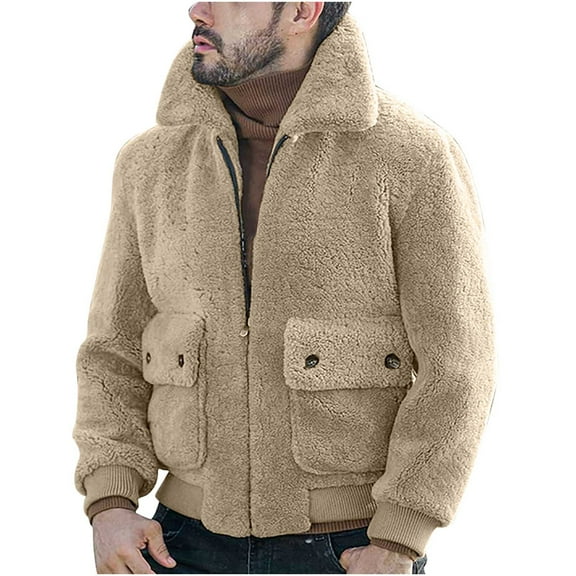 IYTR Mens Winter Jacket Zipper Turndown Collar Solid Color Fashion Pullover Bottom Knit Sweater Coat with Pocket Long Sleeve Jacket Khaki XL