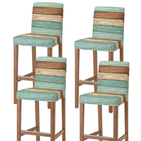Farmhouse Teal Blue Brown Bar Stool Covers with Backs Vintage Wooden Striped Stretch Washable Bar Stool Chair Cover Slipcovers Removable Counter Stool High Chair Covers for Pub Dining Room Set of 4