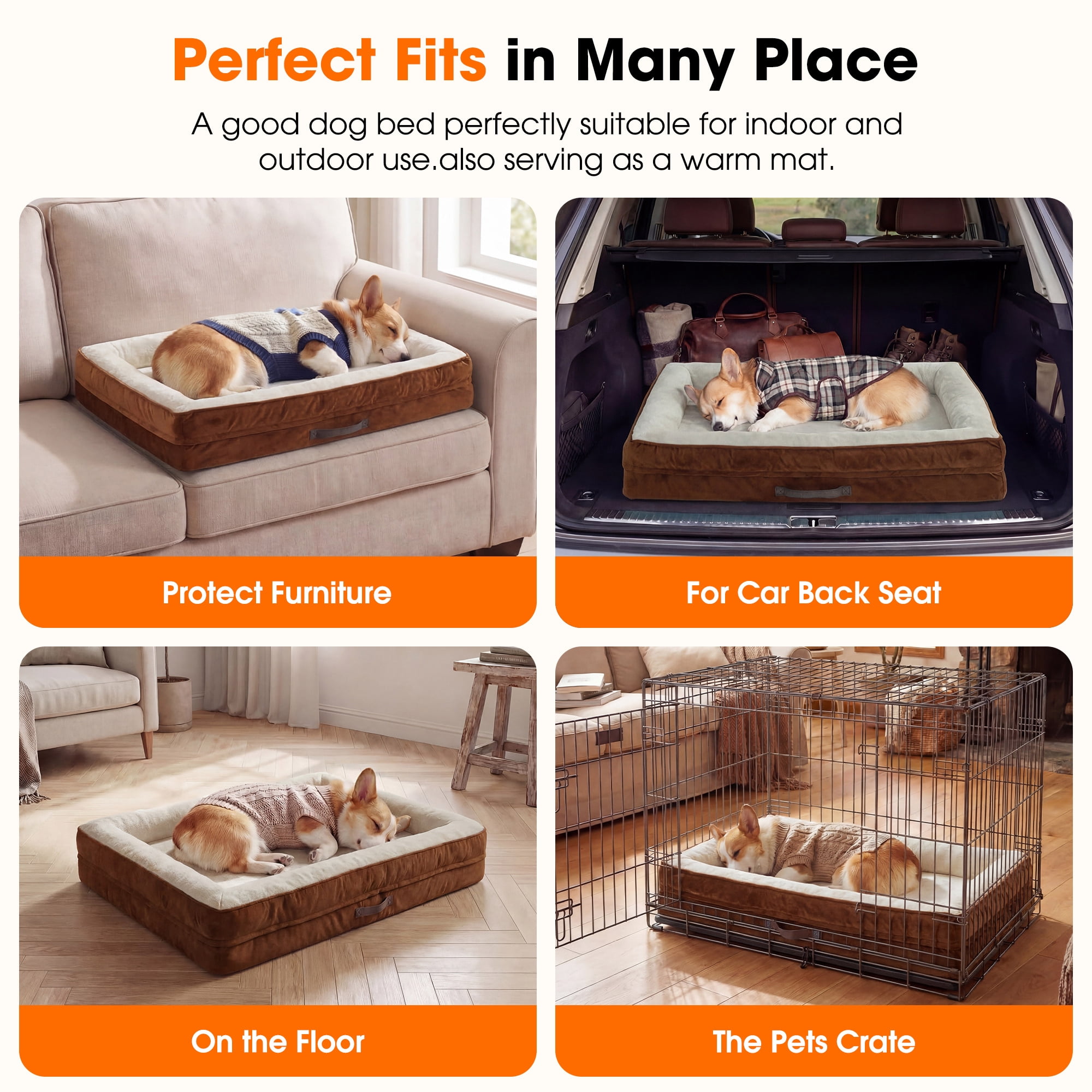 Orthopedic Dog Bed Large Waterproof Pet Sofa Bed Four-Sided Bolster Cushion Dog Couch with Removable Washable Cover,Brown