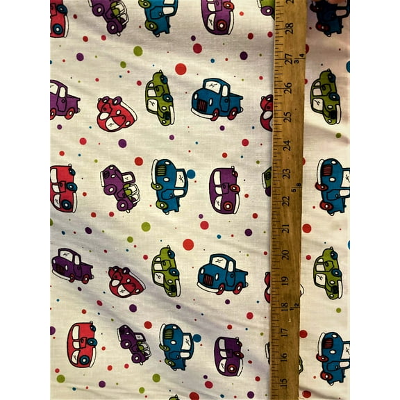Lillycraft Mini-Cars and Buses on White Polycotton Fabric 58”/60” Sold by the Yard
