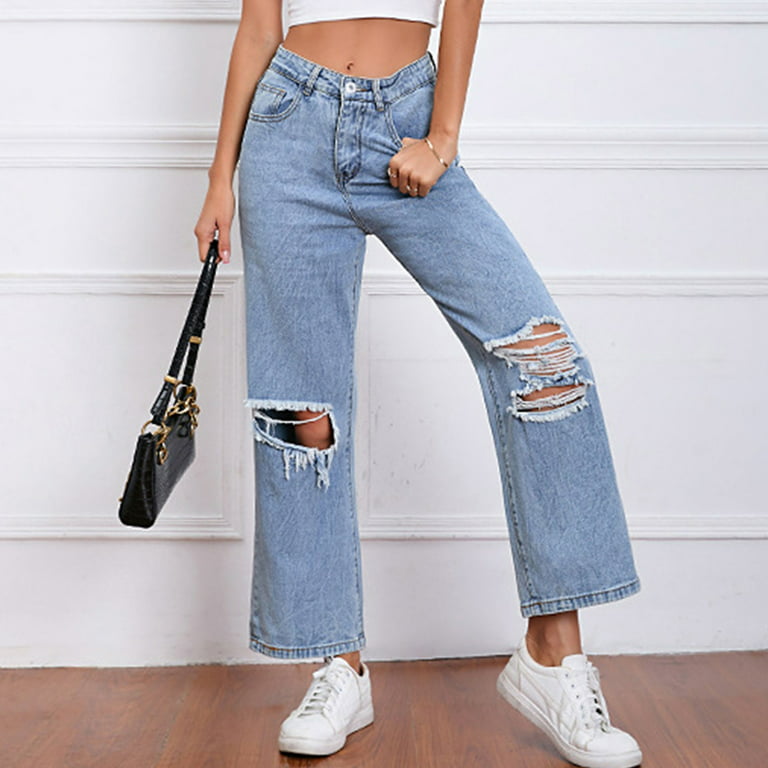 Women High Waisted Baggy Ripped Jeans Boyfriend Fashion Large Denim Baggy  Blue Jeans for Girls 