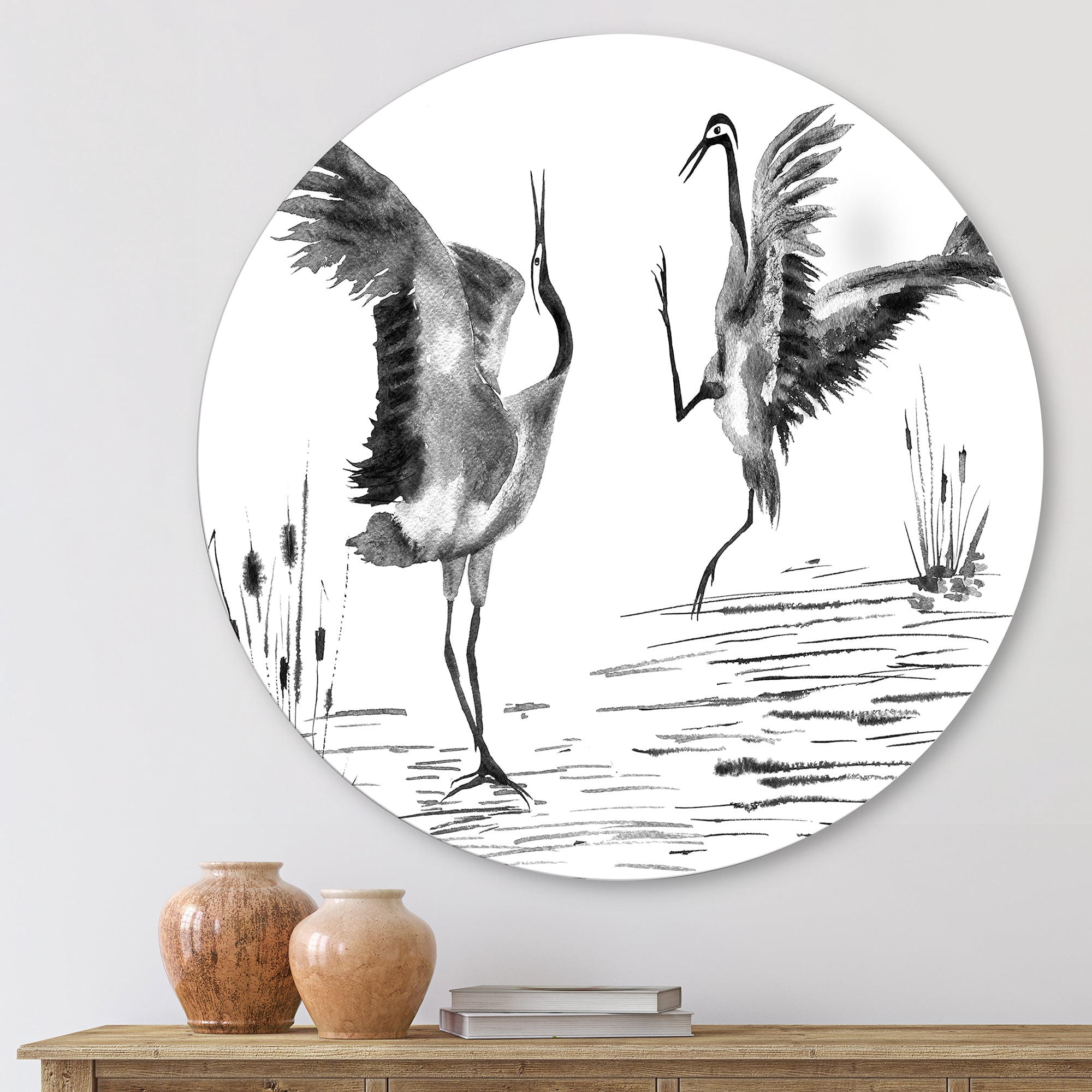 Designart 'Monochrome Two Enamored Japanese Cranes Birds' Traditional Circle Metal Wall Art 23x23 - Disc of 23