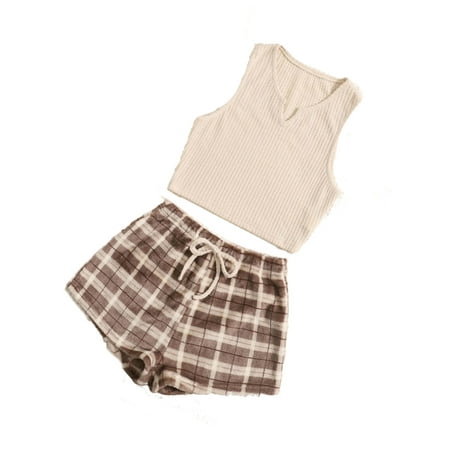 

Notched Casual Plaid Short Sets Khaki Sleeveless Women Pajama Sets