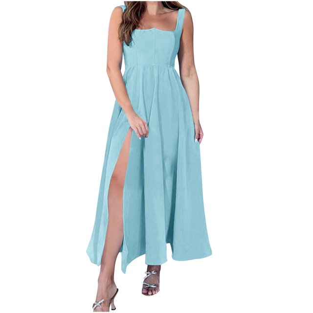 Besolor Robes Maxi pour Femmes 2024 Été Sans Manches Fente Haute Élégante Robe de Soirée Couleur Unie Robe Longue Décontractée