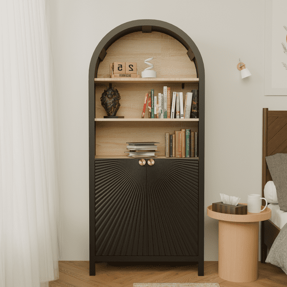 CQSXDA 61-Inch Tall Arched Black Bookshelf, 5-Tier Mid-Century Modern Bookcase with Door for Stylish Storage