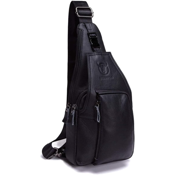 BULLCAPTAIN Leather Sling Crossbody Bag for Men, Magnetic Closure, Black