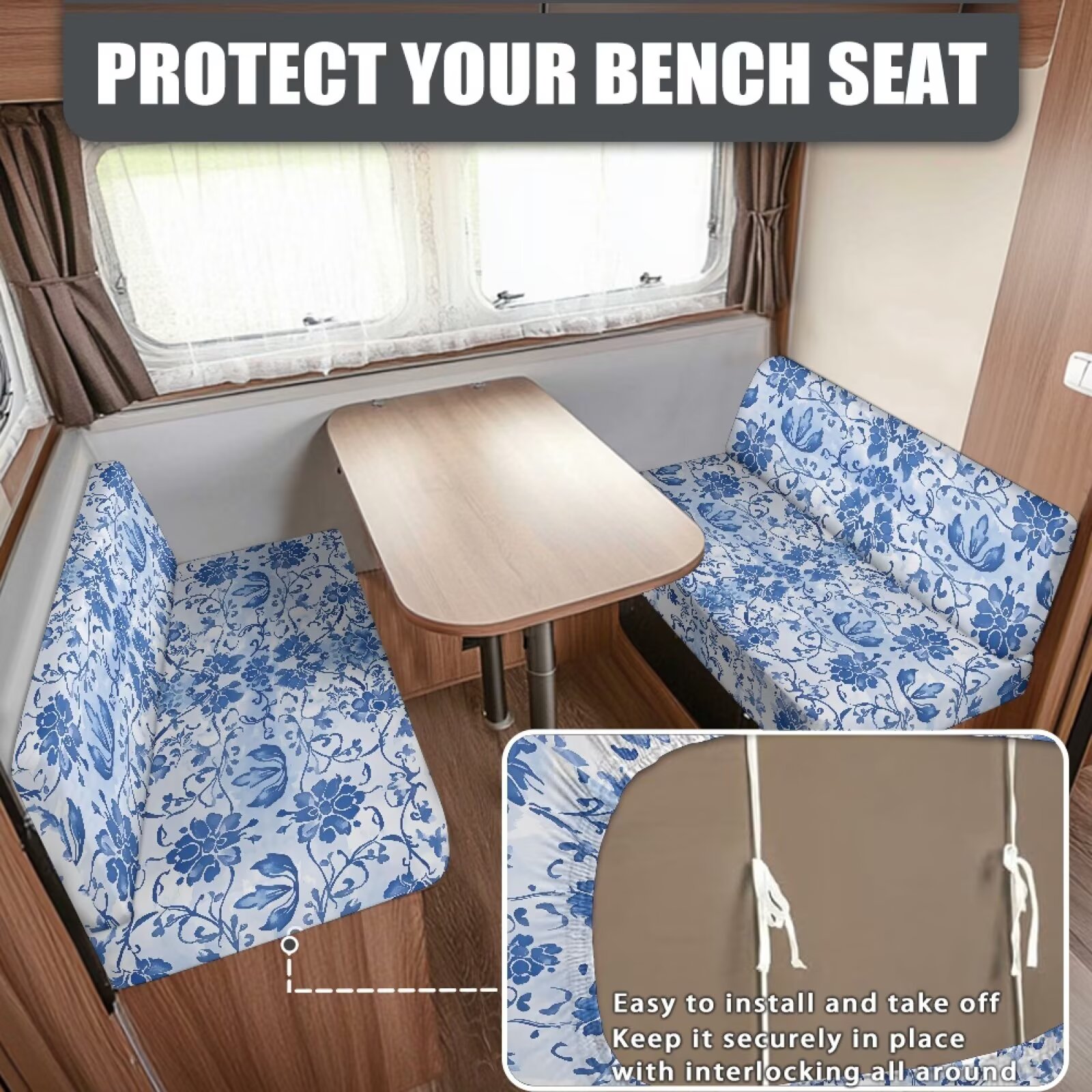 Boatee Beautiful Flower Patterns RV Dinette Cushion Covers Washable RV Furniture Comfortable Loveseat Sofa Chair Cover Furniture Protector Easy to Install Blue