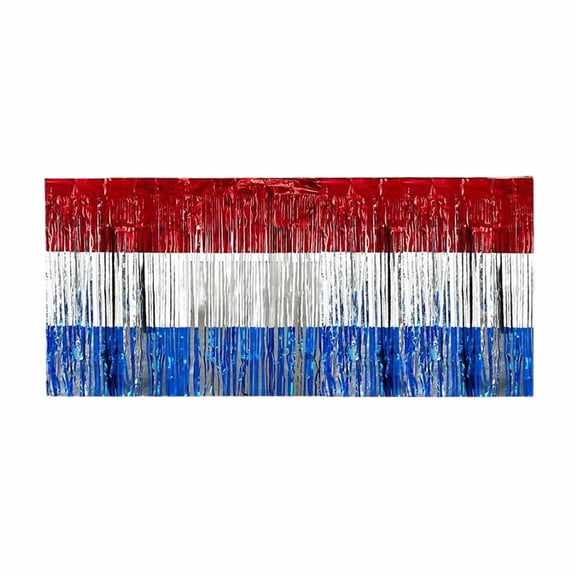Red White Blue Foil Fringe Table Skirt, Patriotic Tassel Table Decoration for 4th of July Independence Day Party Backdrop