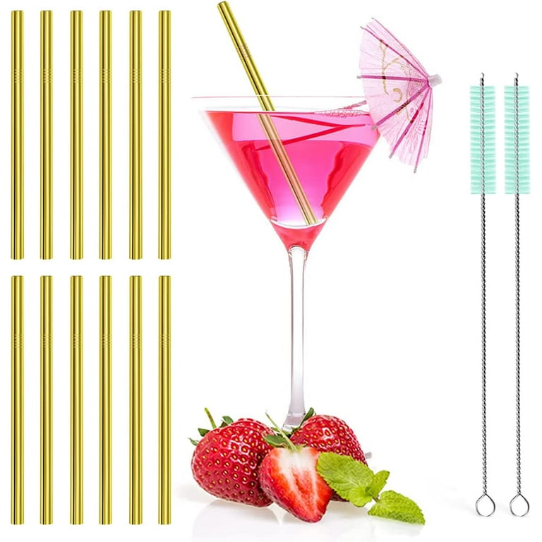 12 Pack + Cleaning Brush, 5-inch Extra Short Reusable Stainless Steel Drink  Straws for Cocktails, Small Glasses or Cups (Gold) 