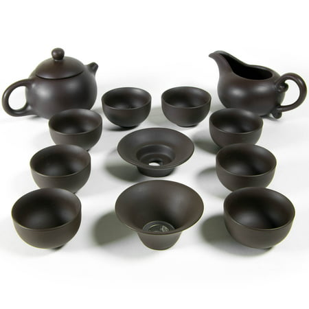 CoreLife Traditional Chinese Tea Set, Kung Fu Porcelain Handmade Premium Ceramic Tea Set (8 Cups, Teapot, Creamer Boat, and Strainer) - Dark