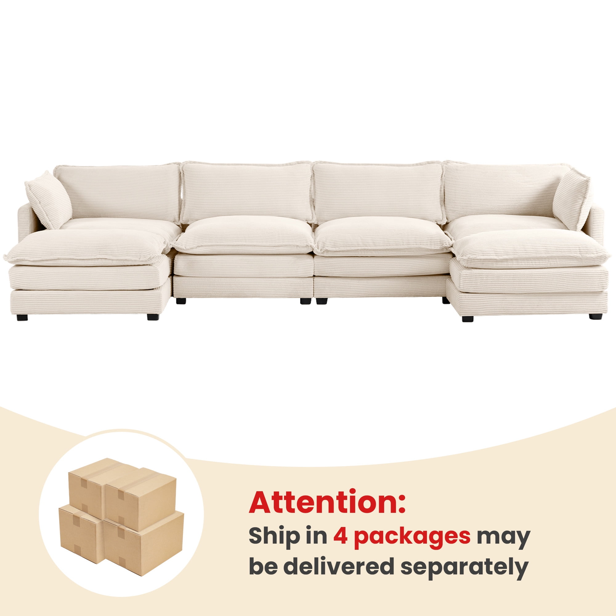 JUSTLET U-Shaped Sectional Sofa Set, Indoor Furniture Convertible Modular Corduroy Sectional Sofa Set with 2 Ottomans for Living Room,Beige