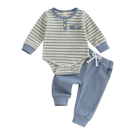 

0-18M Newborn Baby Boy Girl Fall Winter Clothes 3M 6M 12M 18M Waffle Knit Striped Romper Long Pants Set Home Outfit