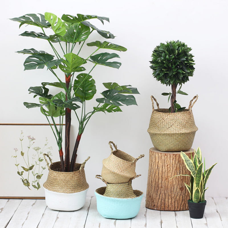 Seagrass Foldable Belly Basket Flower Plant Pot Holder Laundry Storage Bag Decor 