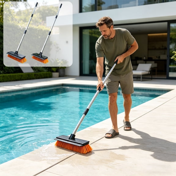 Floor Scrub Brush with Long Handle, 2 in 1 Stiff Bristle Floor Scrubber Brush with Squeegee, Cleaning Brush for Tile Wall Deck Bathroom Patio Garage Kitchen Pool, AKLJWH