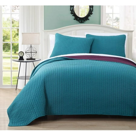 Quilted Bedspread Sets Project Runway Oversized Reversible Quilted Full/Queen Coverlet Set / Wrinkle-Free Mini Bedspread Set : Teal and Plum ()