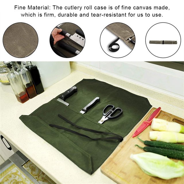 Étui à Couverts en Toile Portable Professionnel Réutilisable Pliable Roulant Lavable Outil de Cuisine pour Maison Restaurant Support Kaki