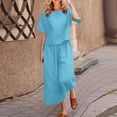 thumbnail image 2 of JUNWELL Femmes 2 Pièce Lin Salon Ensemble Casual Baggy Solide Col Rond Manches Courtes Tops Pantalons Jambes Larges Tenues Survêtements, 2 of 5