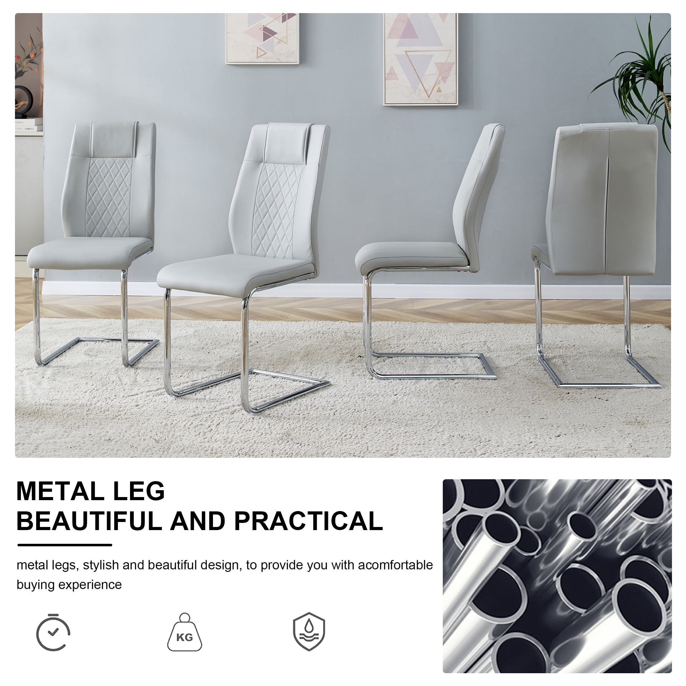 Aukfa Dining Chairs Set of 4, High Back Metal Side Chairs with Faux Leather Padded Seat for Kitchen, Dining Room, Ligh Gray/Silver