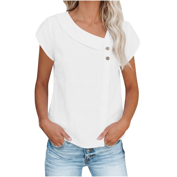Daiosportswear Women'S Summer Cotton Linen Blouse Elegant Plain Shirt Asymmetrical Collar Short Sleeve Solid Top,Linen Top White XXL(XXL)