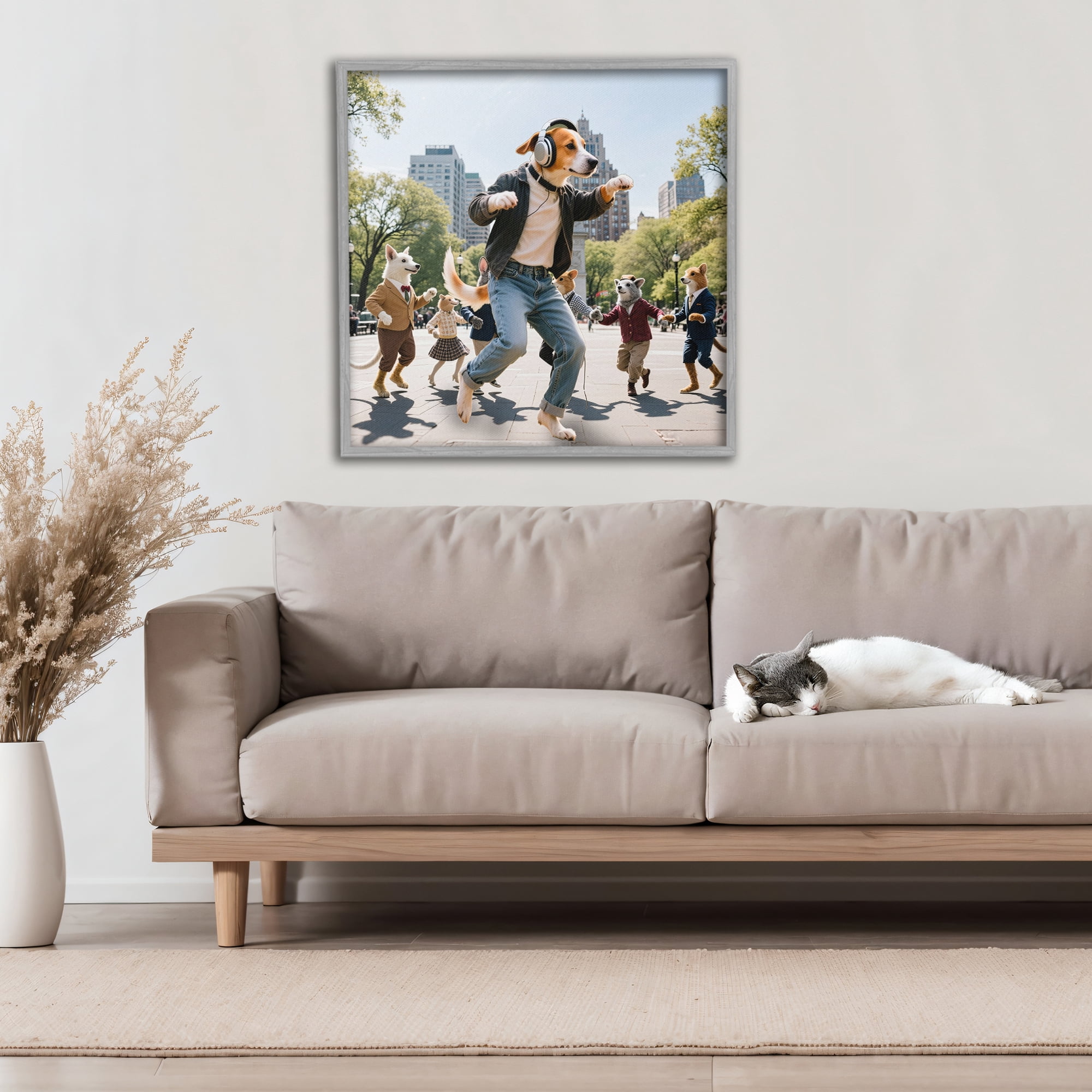 Stupell Industries Stylish Dog Dancing in Park Gray Framed Giclee Art, design by CAD Designs