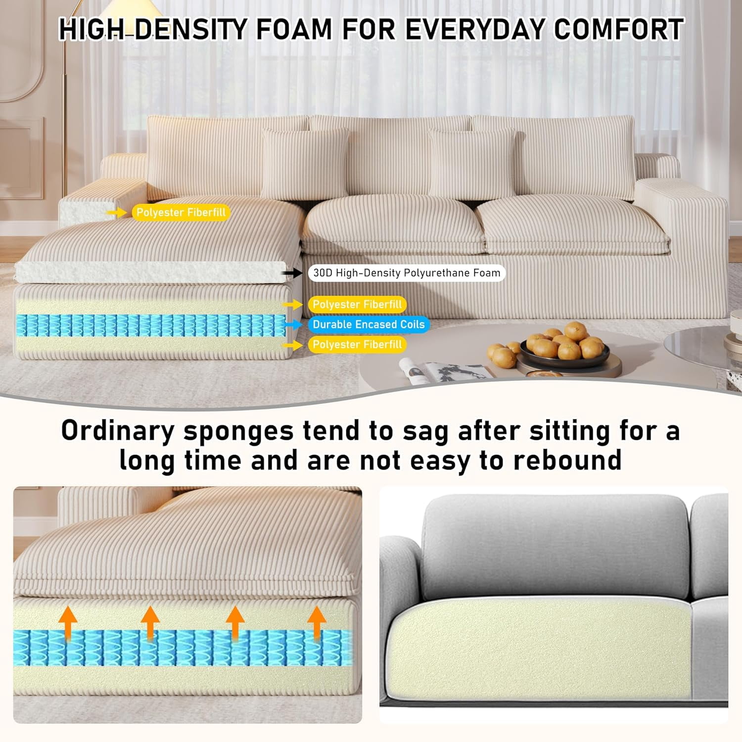 108” Modular Sectional Sofa, Cloud Sectional Couch with Deep Seat, Modern Modular L-Shape Sofa Couch with Chaise,Upholstered Couches for Living Room Bedroom