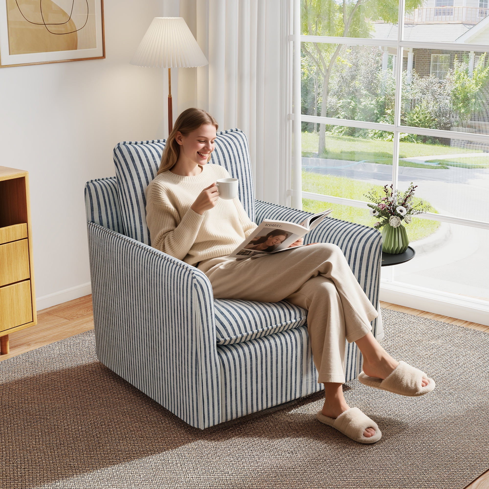 Ebello 360° Swivel Chair with Thick Padded Backrest Cushion – Fabric Square Accent Chair for Living Room, Bedroom, Office – Fully Assembled, Blue Stripe