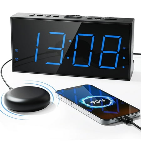 Roxicosly Loud Alarm Clock with Bed Shaker, Vibrating Alarm Clock for Heavy Sleepers/Hard of Hearing/Deaf,Dual Alarms, 7.5’’ Large LED Display, Dimmer, USB Charging Port, Plug-in with Memory Function