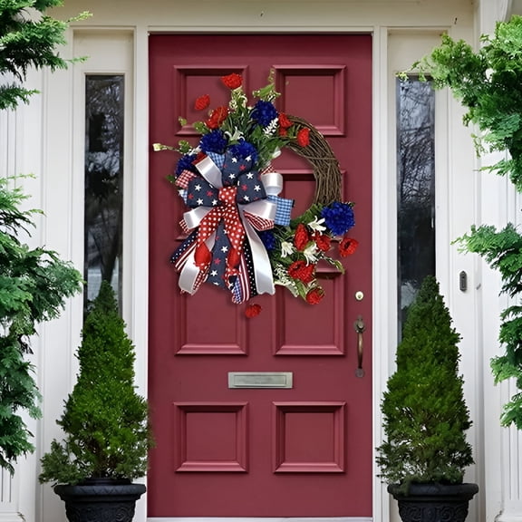 LAMIRO 17.7Inch Rustic Red White And Blue Patriotic Fabric Front Door Wreath With Metal Star Bow – Americana Decoration – Indoor Outdoor 4th Of July Home Decor