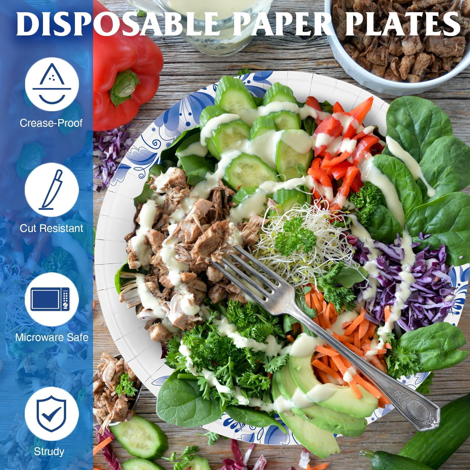 Paper Plates Bulk 8.5 Inch, 150pcs Disposable Plates, Blue Paper Plates for Parties and Daily Use, Soak Proof, Cut Proof, Flower Printed