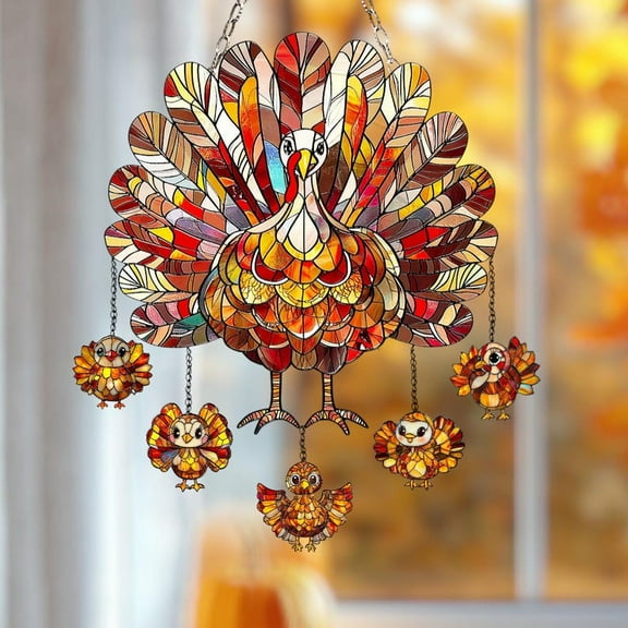 Thanksgiving Turkey Faux Stained Glass Acrylic Suncatcher Window Hanging - Fall Decor with Baby Birds, Gift for Her or Mom