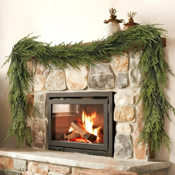 Guvpev 9FT Christmas Artificial Norfolk Pine Garland - Realistic Faux Greenery Fake Garland, Christmas Green Garland for Holiday, Table, Window, Fireplace, Mantel, Stairs, Home, Indoor Outdoor Decor