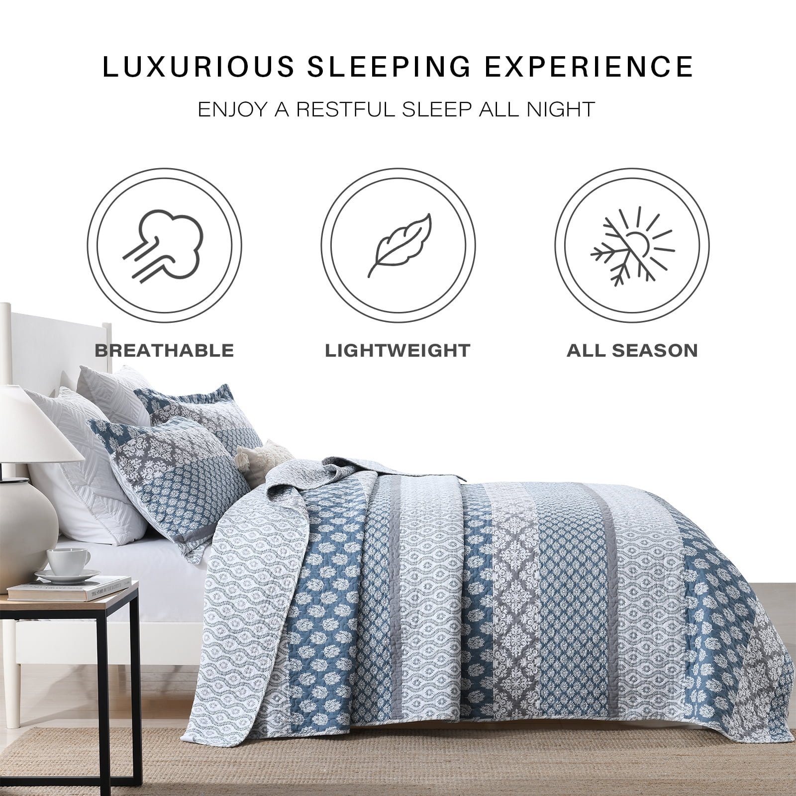 CozyDH 100% Cotton Printed Striped Floral King Quilt Set 3-Pieces, Farmhouse Reversible Lightweight Bedspread with 2 Shams, Blue