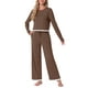 thumbnail image 1 of Conjuntos de pijama para mujer INSPIRE CHIC de manga larga, cuello redondo, con cinturilla elástica y bolsillos, color marrón, 1 of 1