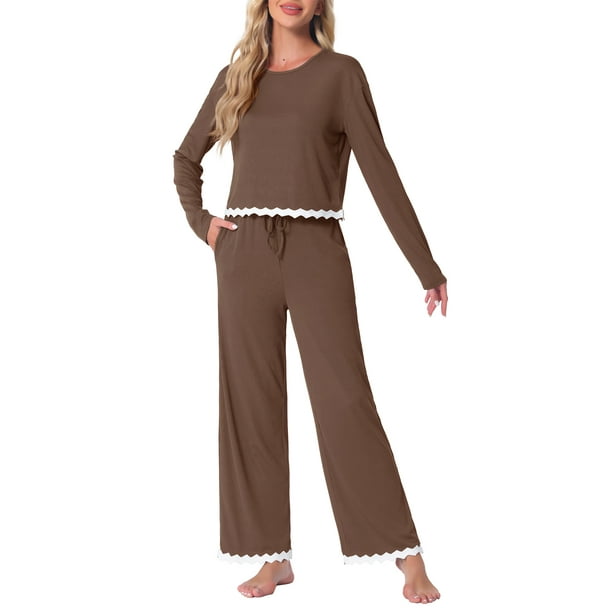 Conjuntos de pijama para mujer INSPIRE CHIC de manga larga, cuello redondo, con cinturilla elástica y bolsillos, color marrón