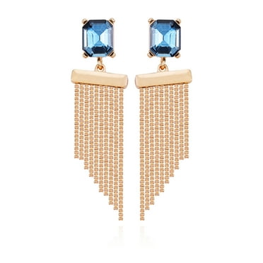 Time and Tru Women's Gold Tone Statement Earring with Montana Rectangle Stone Post and Fringe Drop