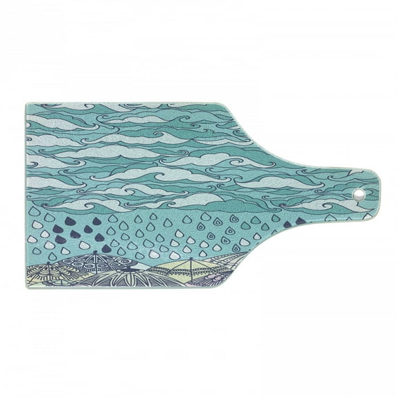 Autumn Cutting Board, Funky Overcast Day Cumulus Clouds Like Sea Wave Floating Wet on Umbrella, Decorative Tempered Glass Cutting and Serving Board, Wine Bottle Shape, Blue Purple, by Ambesonne