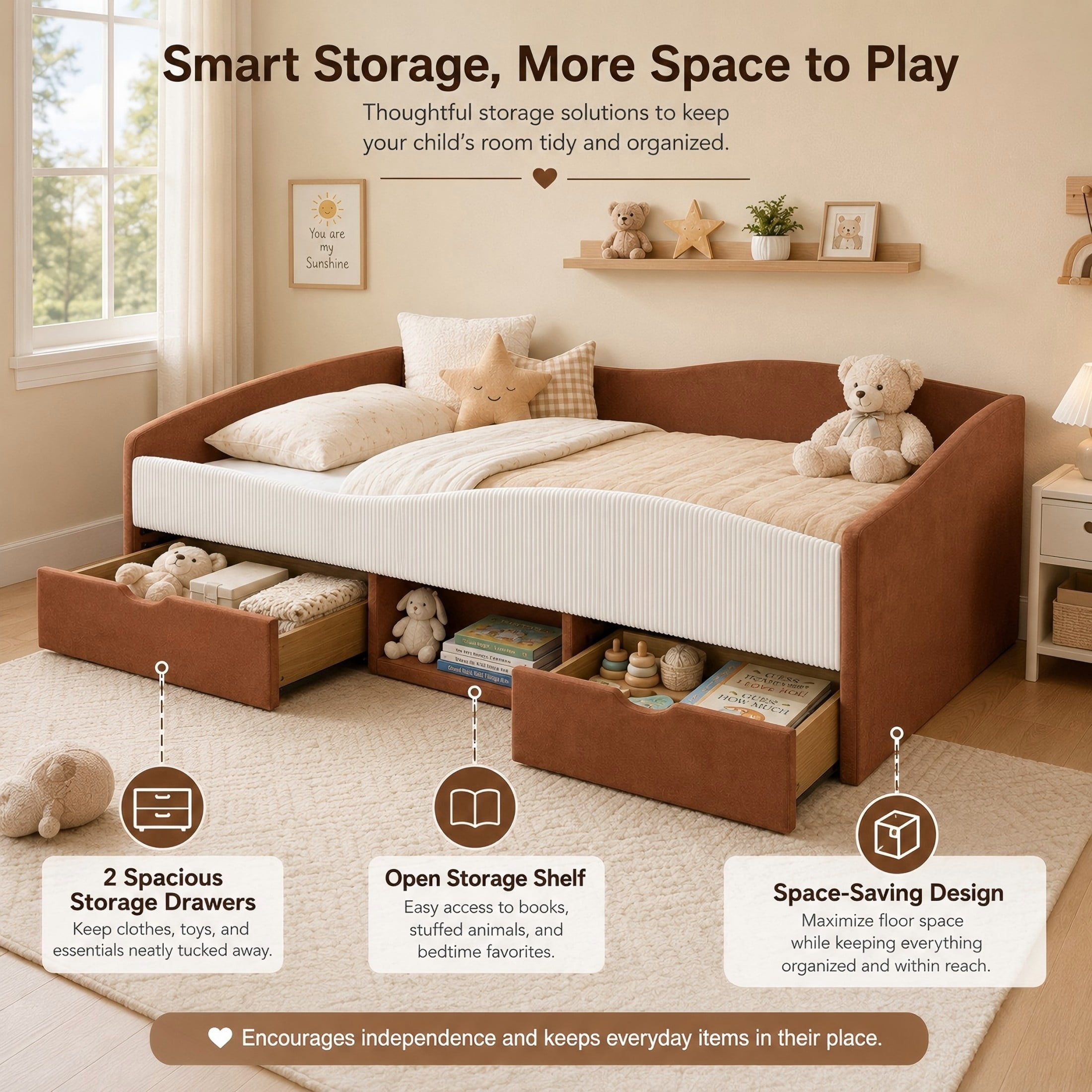 Aukfa Full Size Upholstered Daybed with 2 Storage Drawers, Shelf and Curved Guardrails, Velvet Bed Frame, Brown
