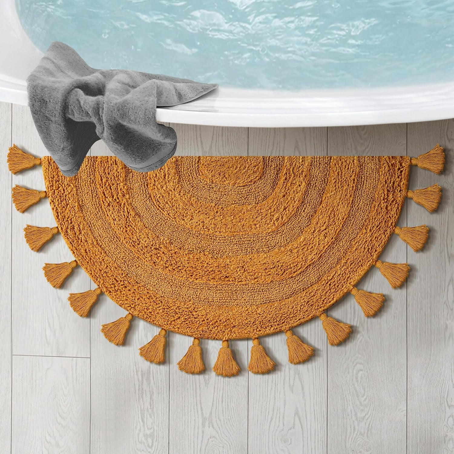 Savi Home Cotton Half Circle Bath Mat with Anti-Skid Backing, Mustard, 22" x 36"