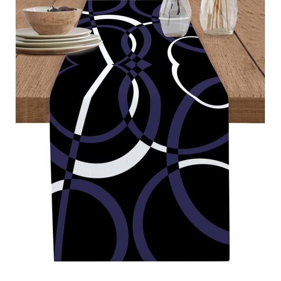 Blue Geometric Table Runner 72 Inches, Contemporary White Abstract Lines Black Bed Runner Dresser Scarves Tabletop for Indoor Outdoor Parties/Ceremony/Banquet, 13" x 72"