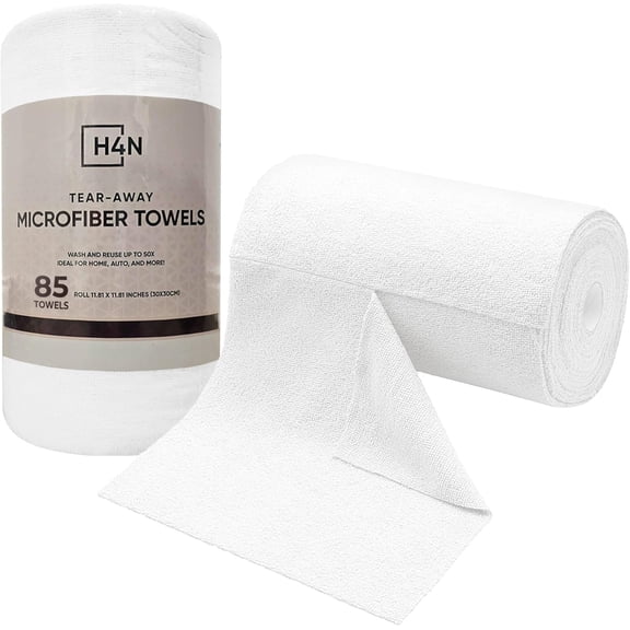 Microfiber Cleaning Cloth Roll, 85 Pack Micro Fiber Wash Cloths for Car, Tear Away Towels, Ultra Absorbent Dish Rags, Non-Abrasive, Reusable and Washable Household Supplies, 11.81" x 11.81", White