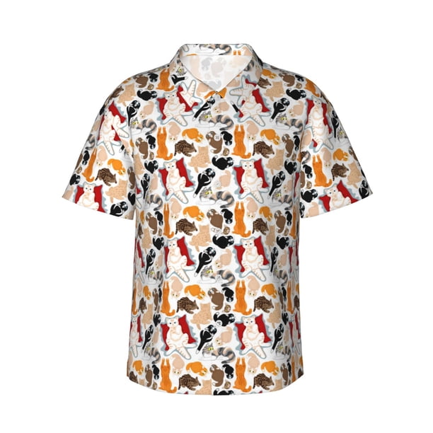 Fotbe Cute Cats Camisa Hawaiana para Hombre Unisex – Camisa Casual de Verano con Botones de Manga Corta de Algodón y Lino,3X-Large