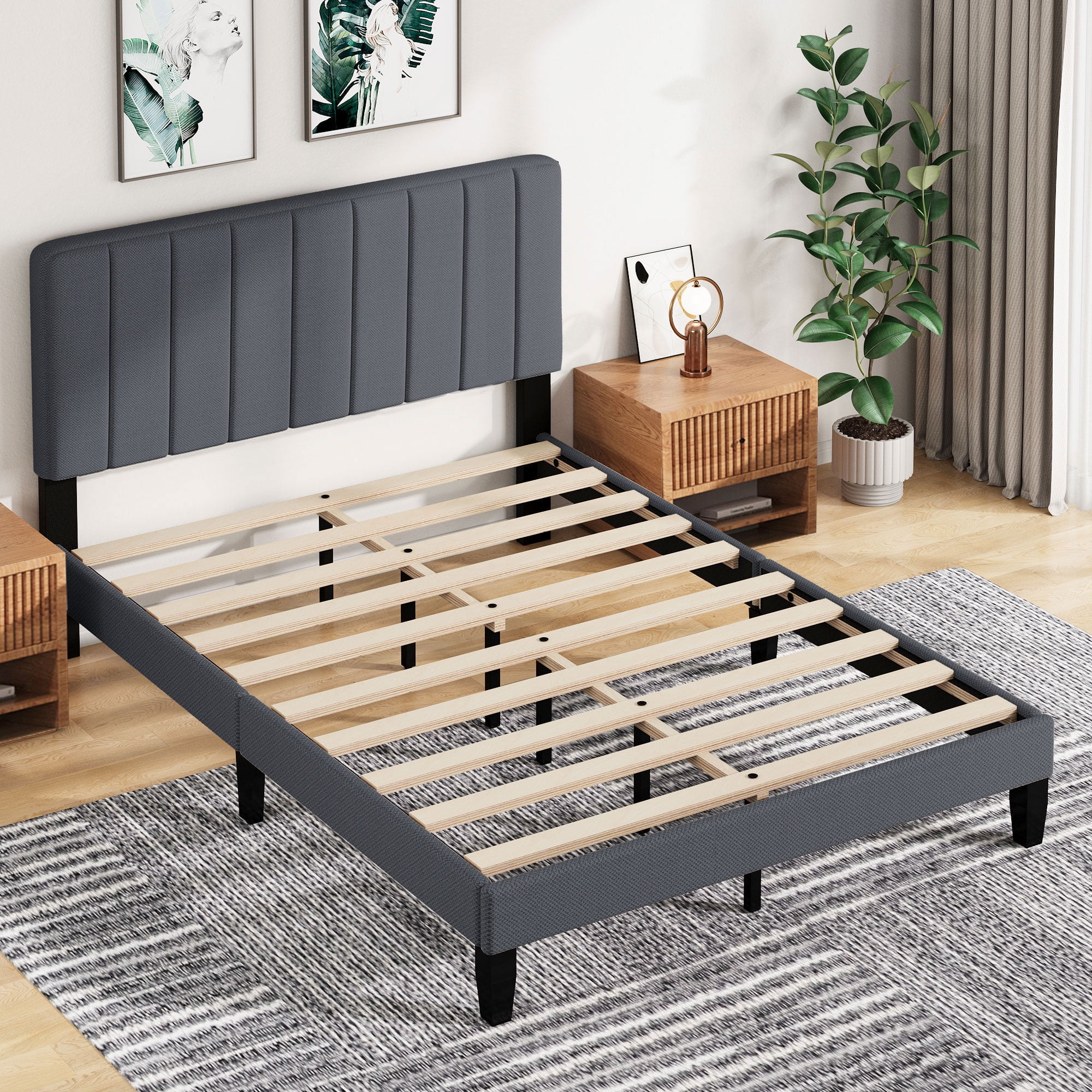 Pingliang Home Queen Size Bed Frame with Adjustable Upholstered Headboard&Wood Slats Support,Gray
