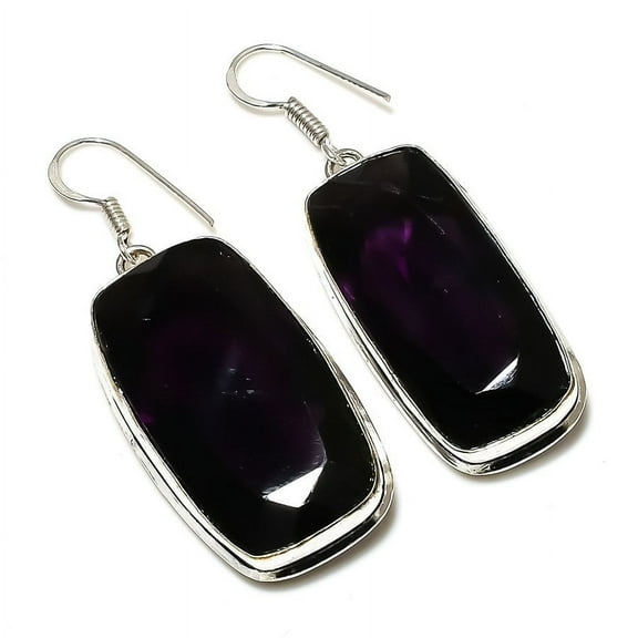 Natural Amethyst Gemstone Handmade 925 Sterling Silver Earring 2.17"