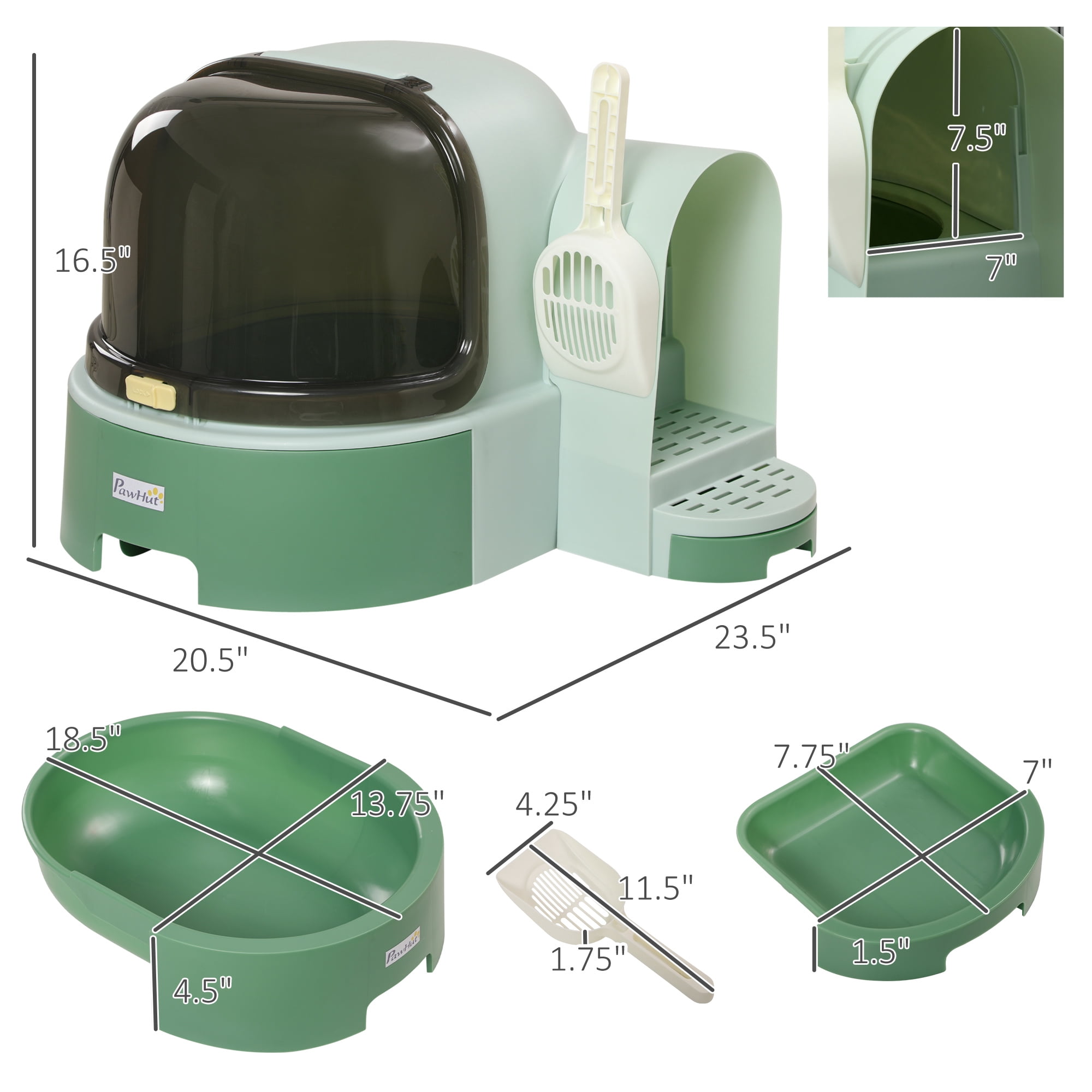 Covered Cat Litter Box with Lid Space Capsule Design Openable Front Cover Litter Scoop Included Easy to Clean Anti-Tracking Private Odor-Locking Litter Box Green