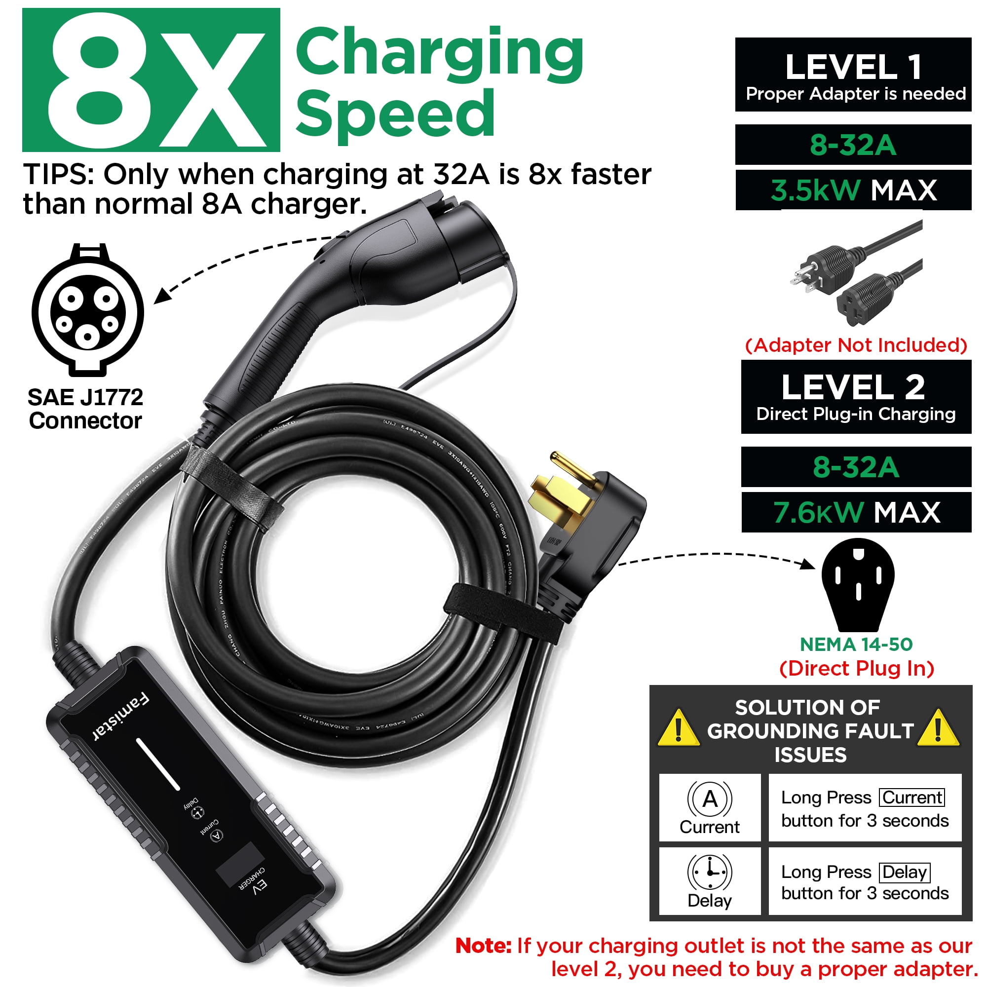 Famistar EV Charger, Level 2 Portable Electric Vehicle Car Charger Charging Station, 14-50 Plug, 32 Amp, 100-240V, 25FT Model, IP65 Waterproof, 0.96” LCD Screen, UL Recognized, for SAE J1772 EV